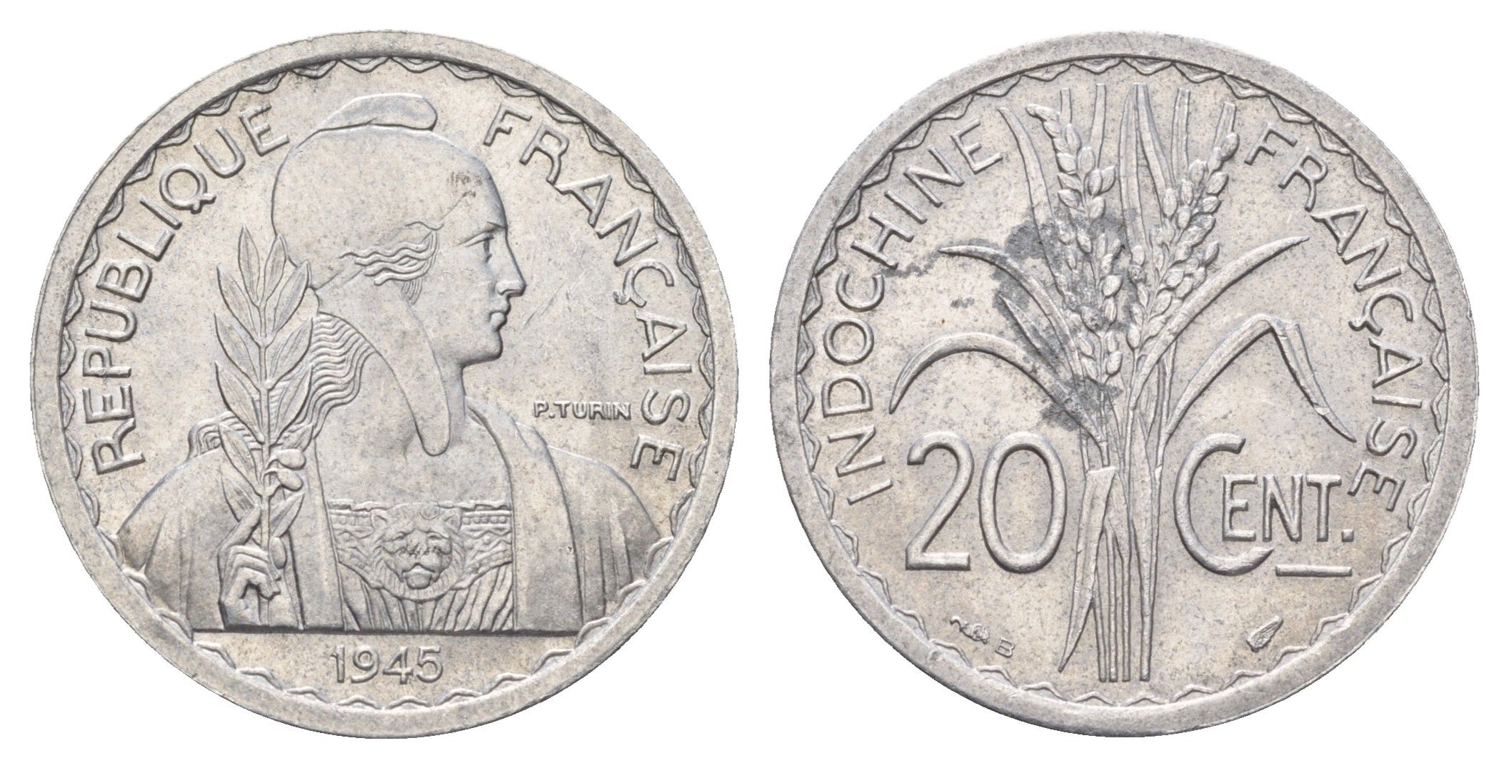 Французский Индокитай 20 сантимов 1945 литера B KM 29.2 алюминий 4675-1026