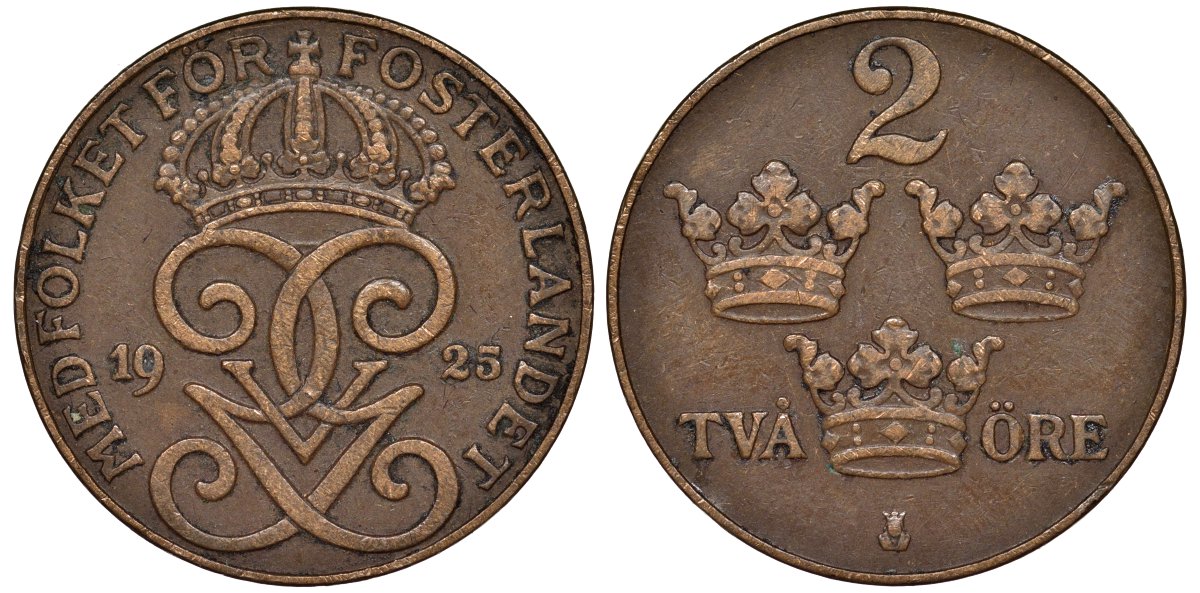 Швеция 2 эре 1925 Густав V (1907-1950) KM 778 бронза 113-723