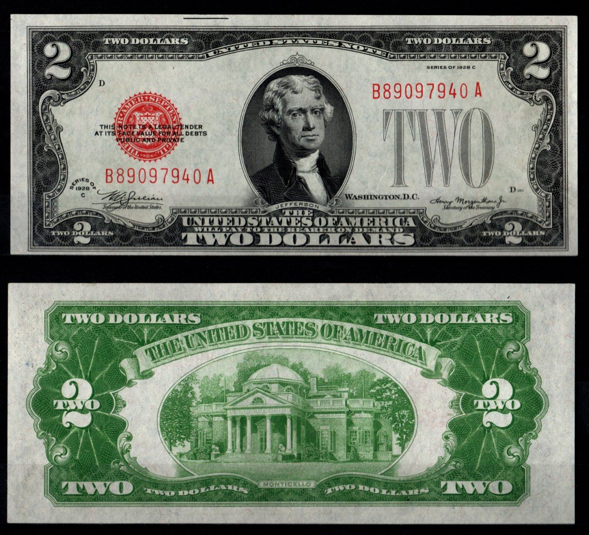 США 2 доллара 1928 Президент Томас Джефферсон. Монтичелло (резиденция Джефферсона недалеко от Вашингтона). Красная печать Pick 378 c, Fr. 1504 бумага aUNC 451-1276-2