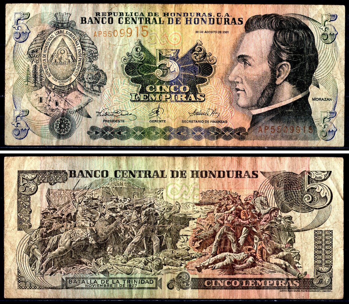 Гондурас 5 лемпира 2001 Pick 85b бумага 3295-27-1-2