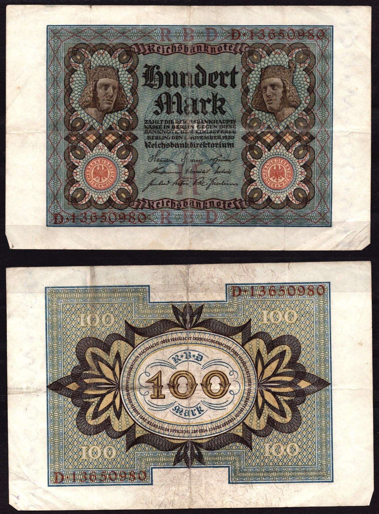 Германия 100 марок 1935 Веймар,8 цифр в номере, H, «Бамбергский всадник» из оперы «Купол Бамберга». Pick 69 b бумага 6289-29-3-1