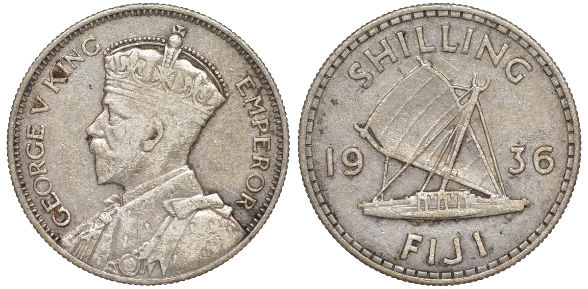 Фиджи 1 шиллинг 1936 Георг V (1910-1936), парусник KM 4 серебро    91-1032