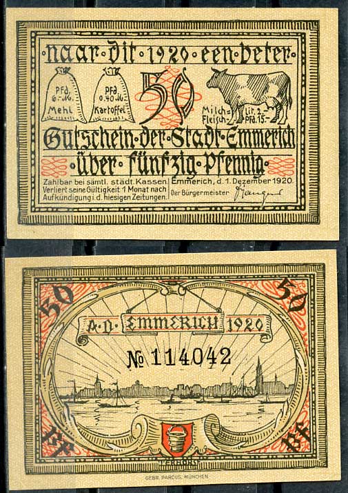Германия, Эммерих 50 пфеннигов 1920 нотгельд, желтая, 1.12.1920 Tieste 1710/21 бумага UNC (пресс) 8614-40-3-2