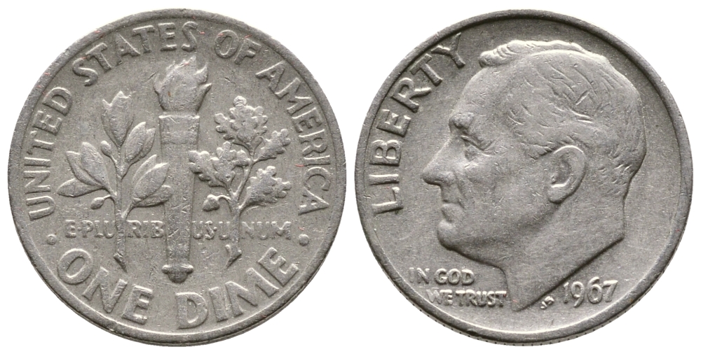 США 10 центов (дайм) 1967 Рузвельт KM 195а медь плакированная медно-никелем 177-1317