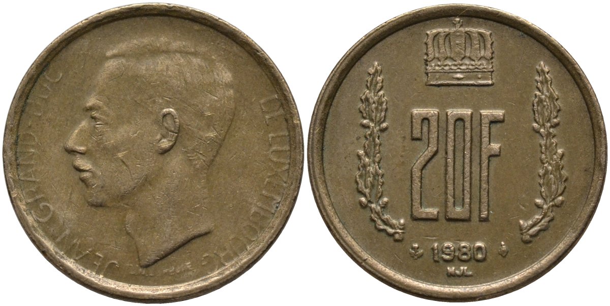 Люксембург 20 франков 1980 герцог Жан (1964-1999) KM 58 алюминиевая бронза 4171-656