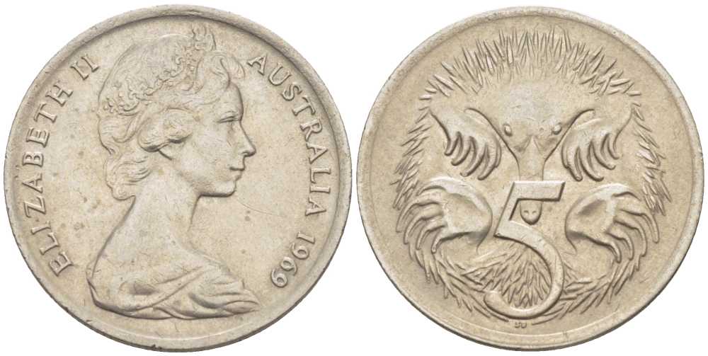 АВСТРАЛИЯ 5 ЦЕНТОВ 1969 ЕЛИЗАВЕТА II, МОЛОДОЙ ПОРТРЕТ, ЕХИДНА KM 64 медно-никель 4385-664