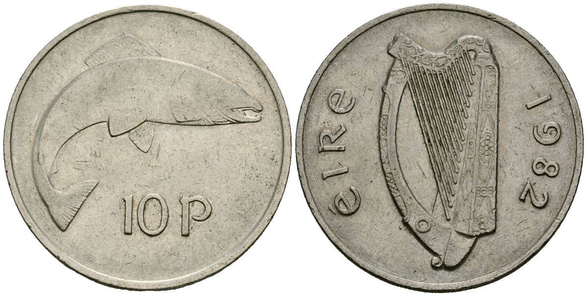 Ирландия 10 пенсов 1982 лосось KM 23 медно-никель 4137-412