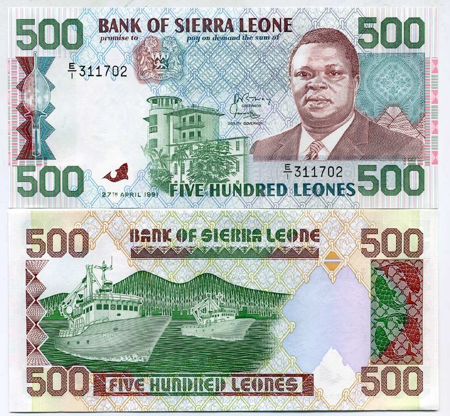 Сьерра-Леоне 500 леоне 1991 Джозеф Сайду Момо, 27 апреля 1991 Pick 19 бумага UNC (пресс) 448-131-3