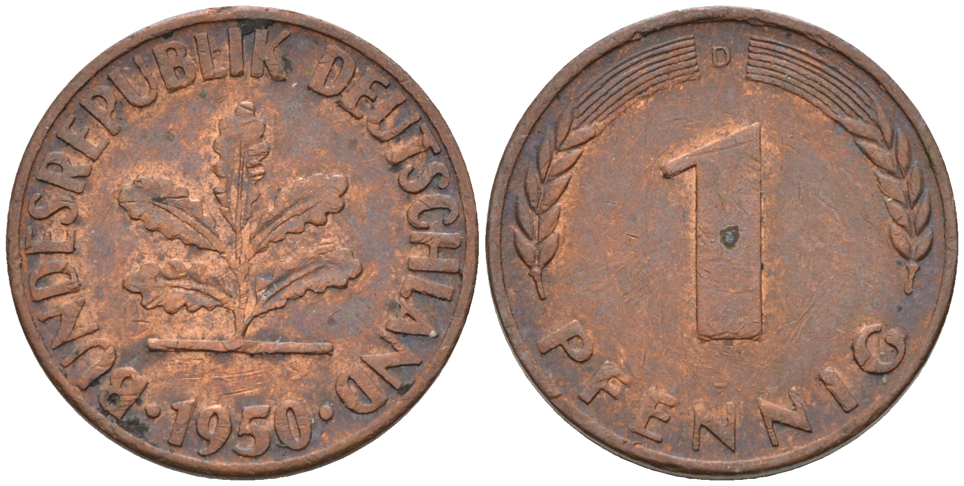 ФРГ 1 пфенниг 1950 D KM 105, J. 380 сталь плакированная медью    4115-114