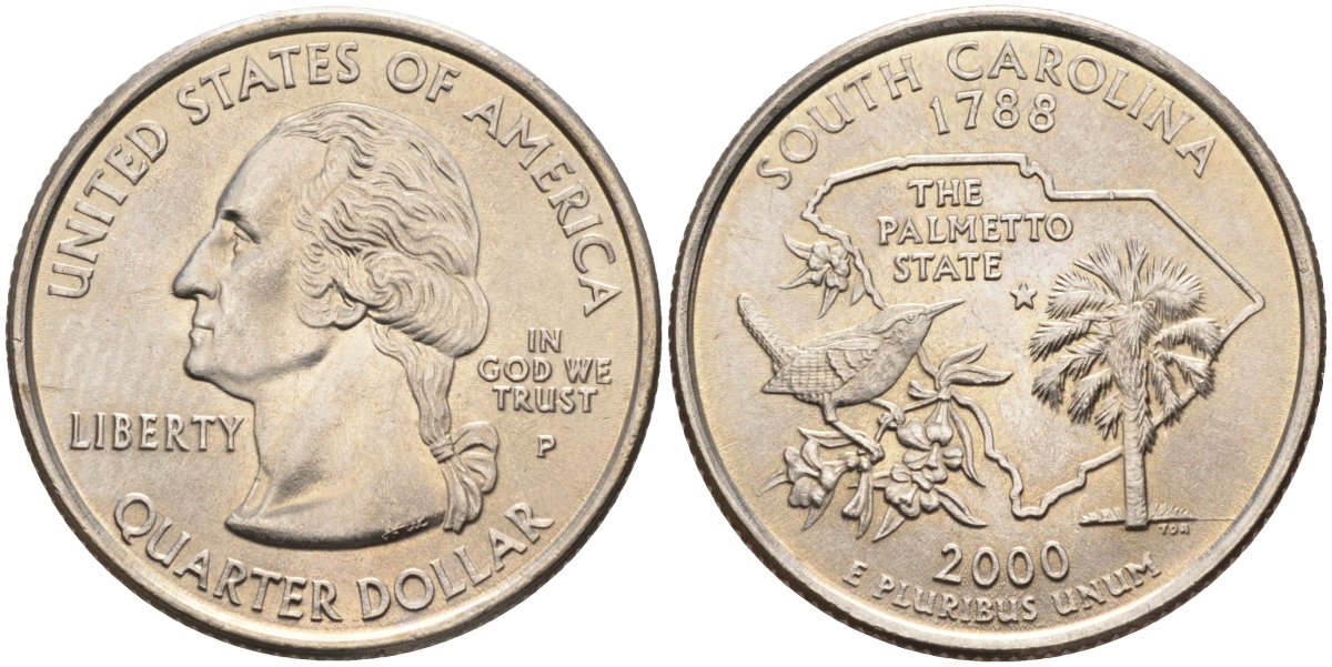 США 25 центов = квотер 2000 P, серия штаты США, Южная Каролина KM 307 медь плакированная медно-никелем 4586-132