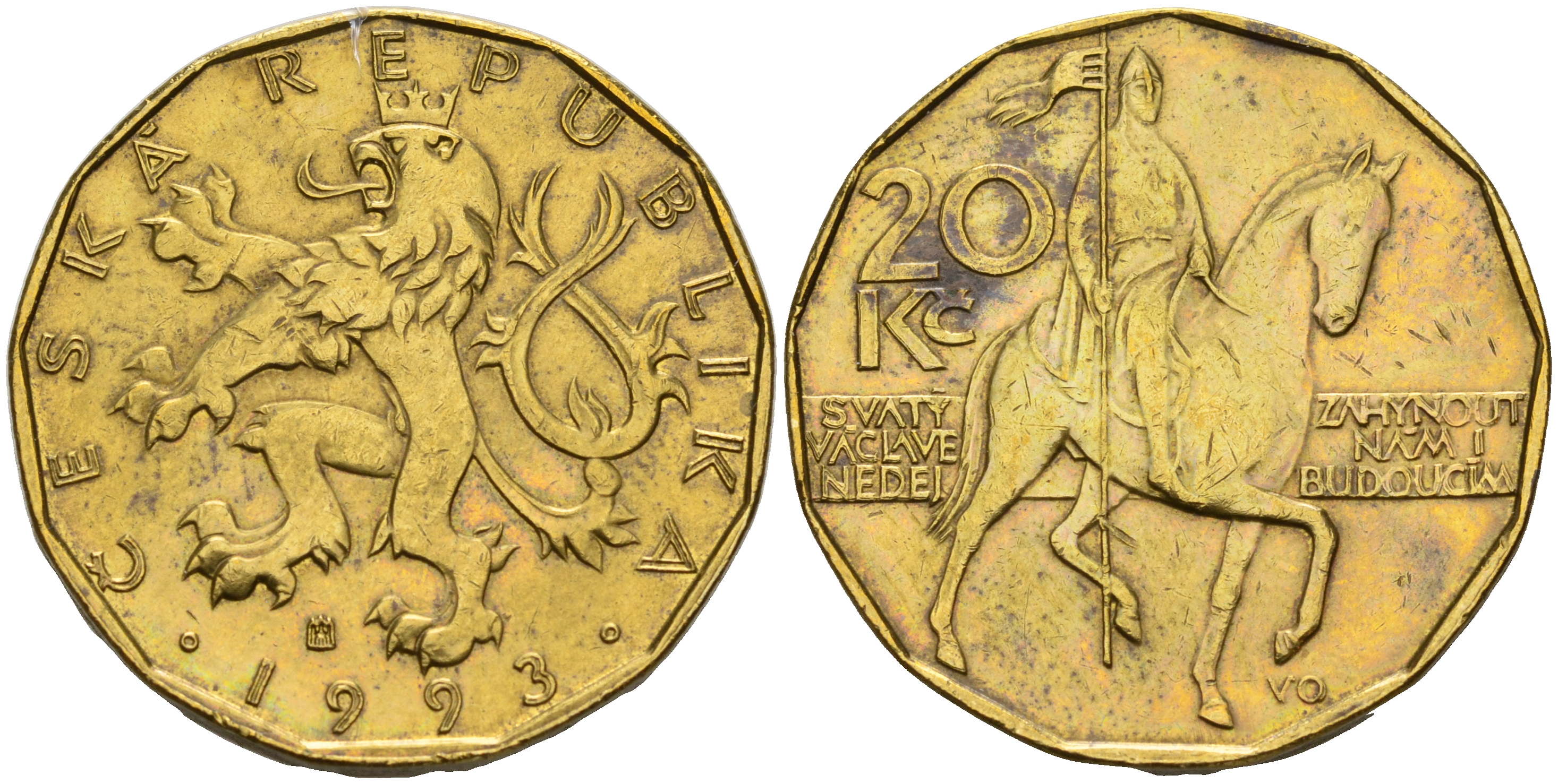 Чехия 20 крон 1993 чешский лев, герцог Вацлав на коне KM 5 сталь плакированная латунью    4143-317