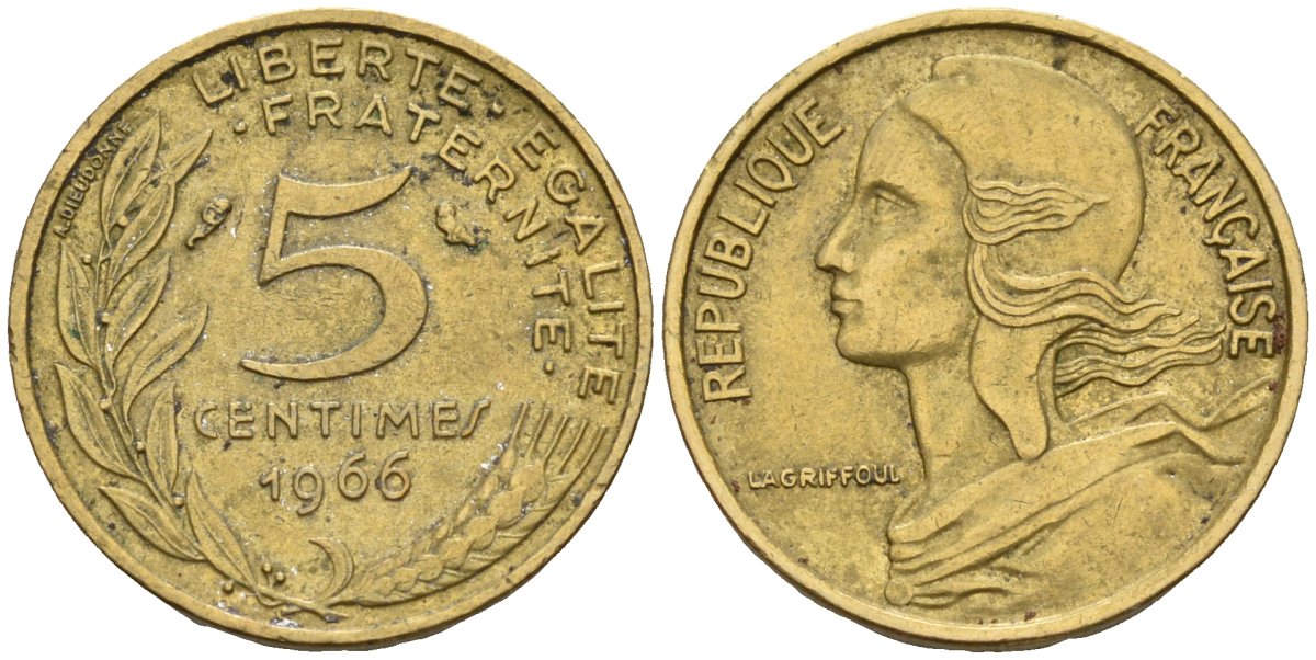 Франция 5 сантимов 1966 KM 933 алюминиевая бронза 4596-648