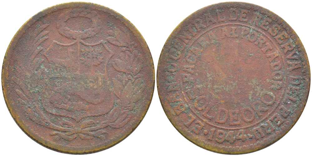 ПЕРУ 1/2 СОЛЯ 1944 KM 220.2 латунь 113-346