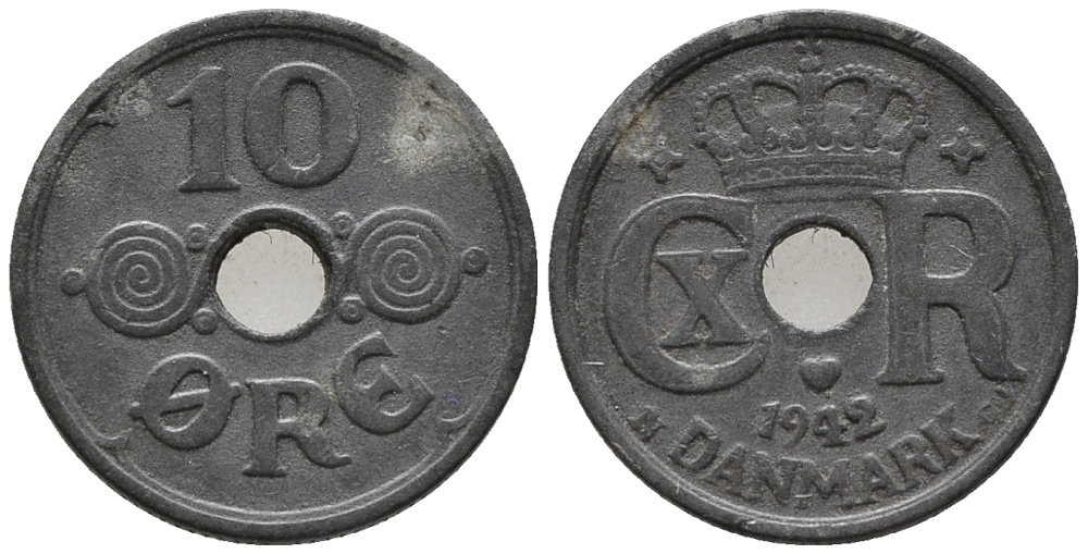 ДАНИЯ 10 ЭРЕ 1942 N; GJ, КРИСТИАН X (1912-1947) KM 822.2a цинк 66-122