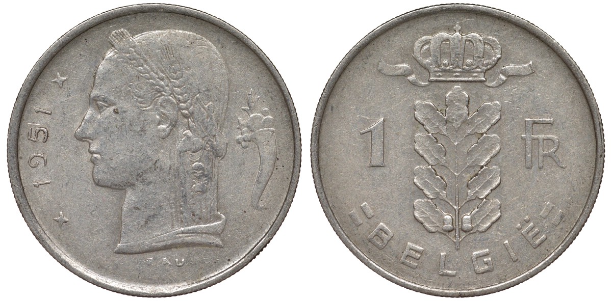 Бельгия 1 франк 1951 Belgie KM 143.1 медно-никель 4163-315