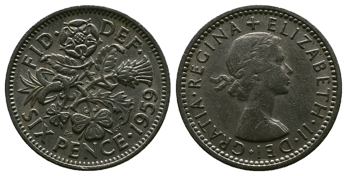 Великобритания 6 пенсов 1959 Елизавета II (1952-2022) KM 903, Spink 4149 медно-никель 4381-718