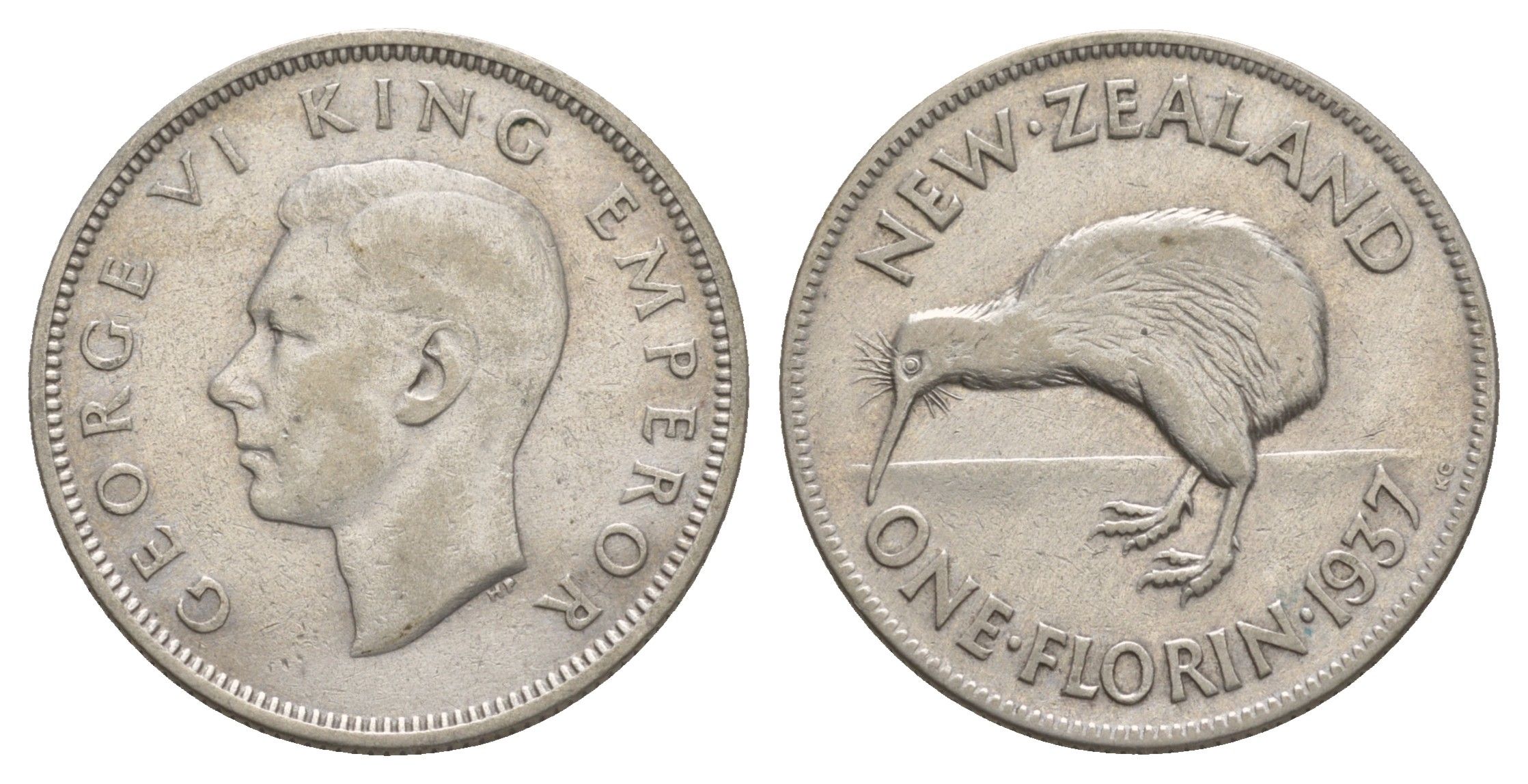 Новая Зеландия 2 шиллинга (флорин) 1937 Георг VI (1936-1952), птичка киви KM 10 серебро 5010-1241