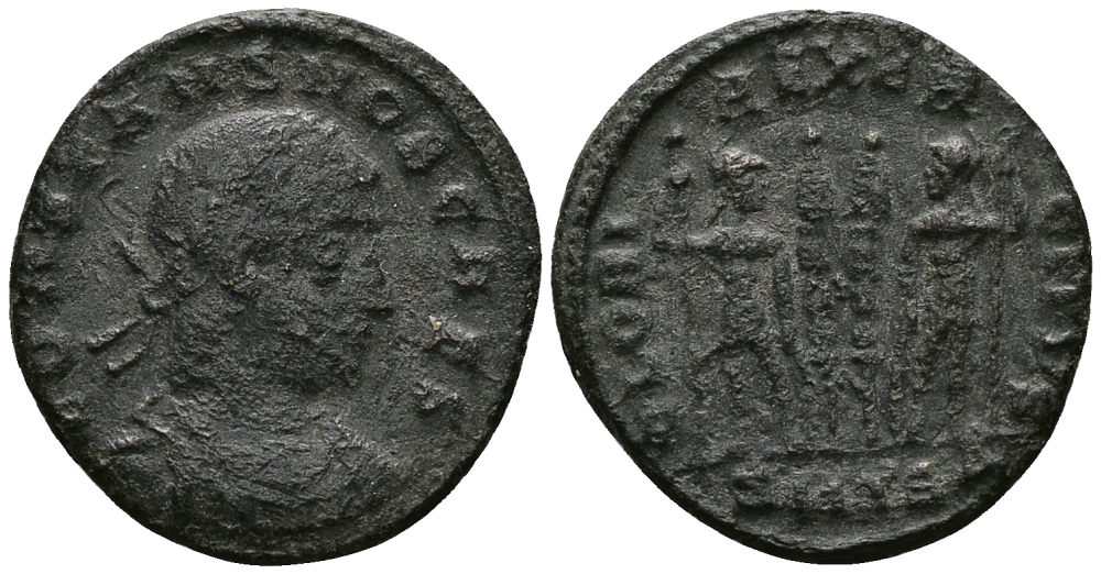 Римская Империя нуммий 335 - 336 Констант GLORIA EXERCITVS Августа Фессалоника Very fine (степень редкости R1) RIC 201 бронза 1073-6-53