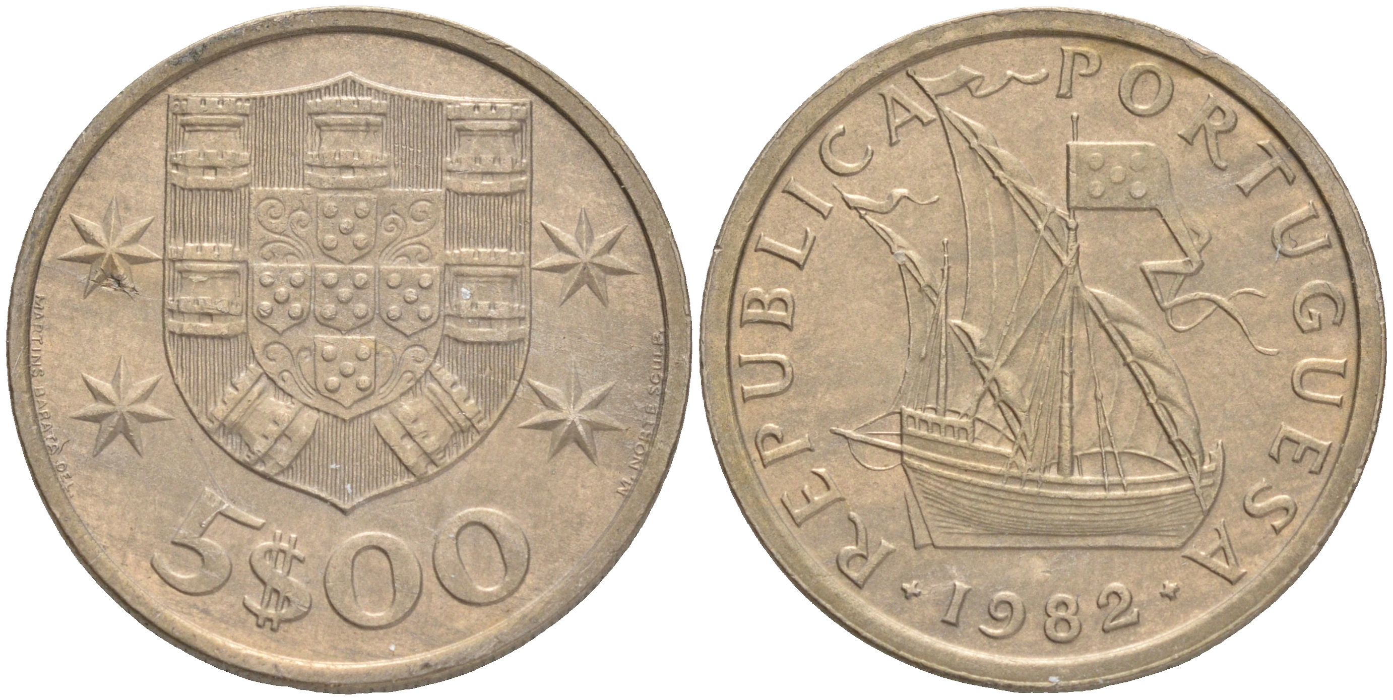 ПОРТУГАЛИЯ 5 ЭСКУДО 1982 ПАРУСНИК KM 591 медно-никель 4561-752