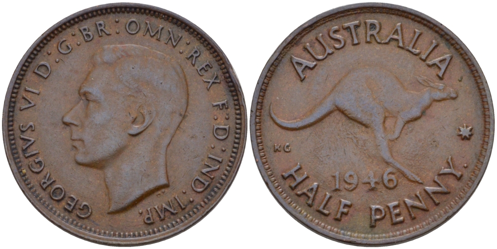 АВСТРАЛИЯ 1/2 ПЕННИ 1946 ГЕОРГ VI, КЕНГУРУ KM 41 бронза 67-1231