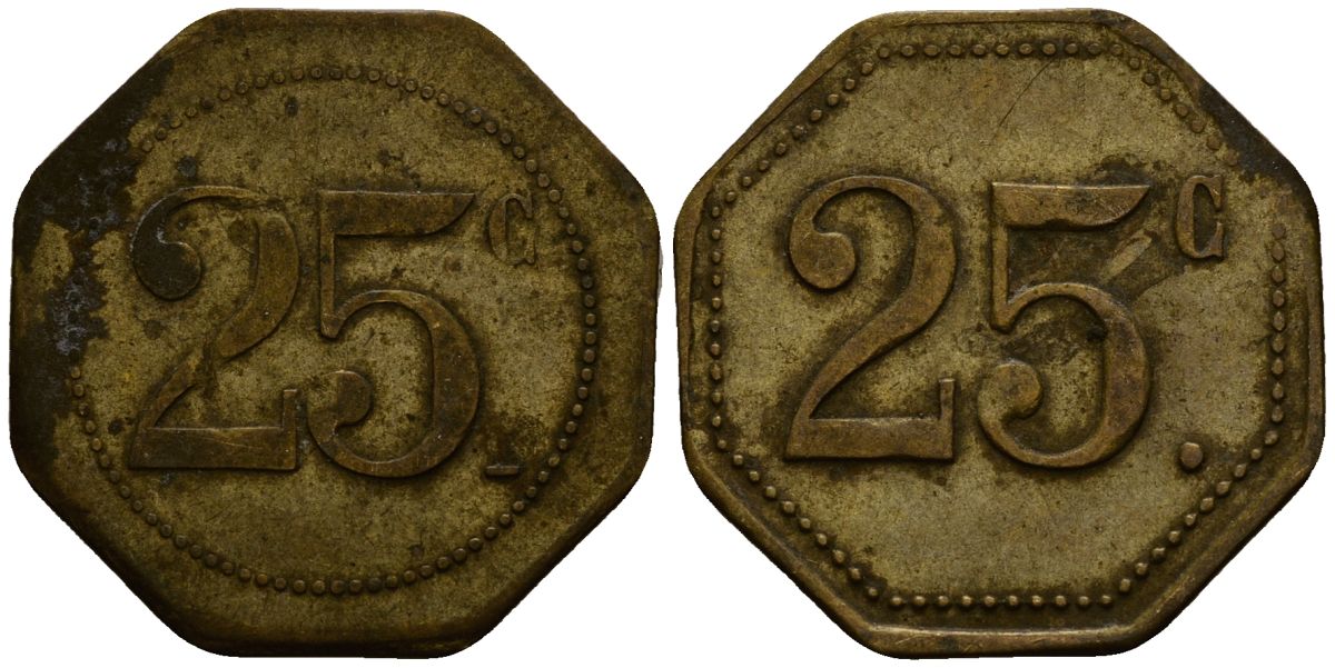 Франция 25 сантимов XIX-XX век ресторанный жетон латунь 4166-521