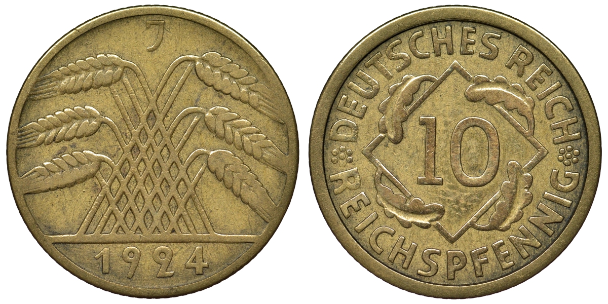 Германия 10 рейхспфеннигов 1924 J KM 40, J. 317, Weege 9 алюминиевая бронза 4121-911