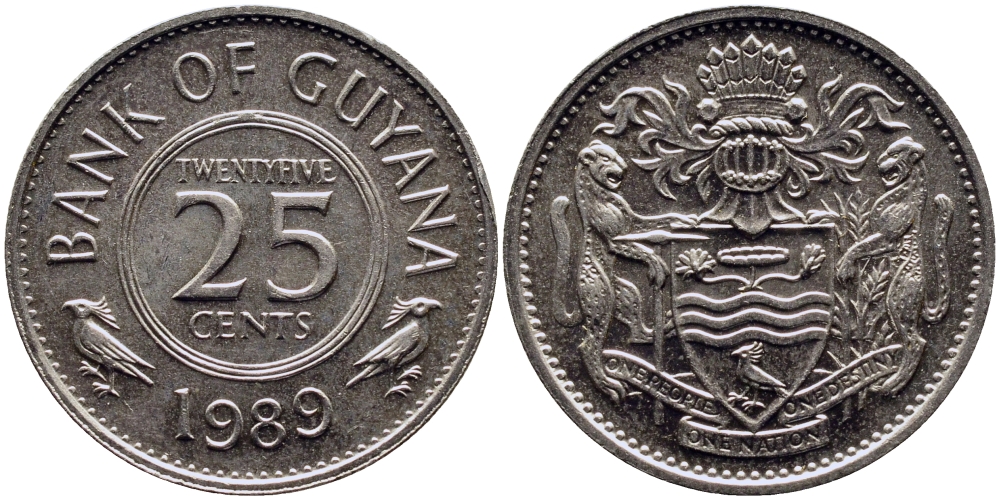 ГАЙАНА 25 ЦЕНТОВ 1989 РЕСПУБЛИКА KM 34 медно-никель 58-1024