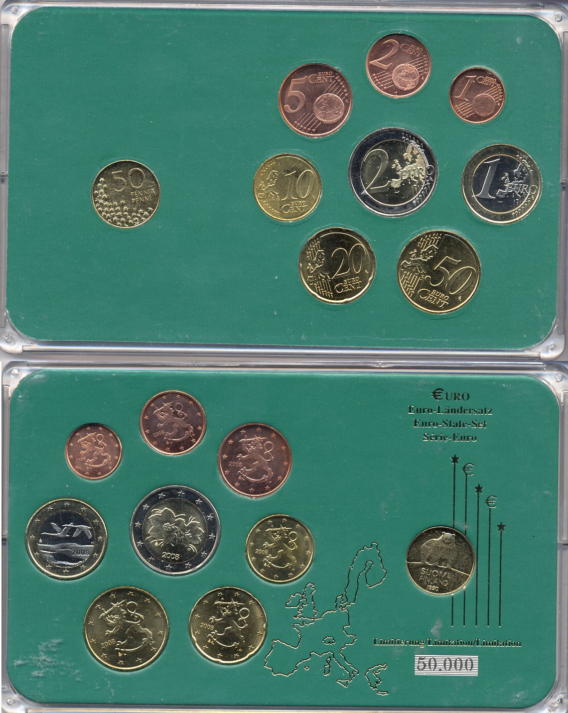 Финляндия евронабор от 1 евроцента до 2 евро 2008 включает 50 пенни 1990, планшет  биметалл, медно-никель  UNC  4-4-1-54