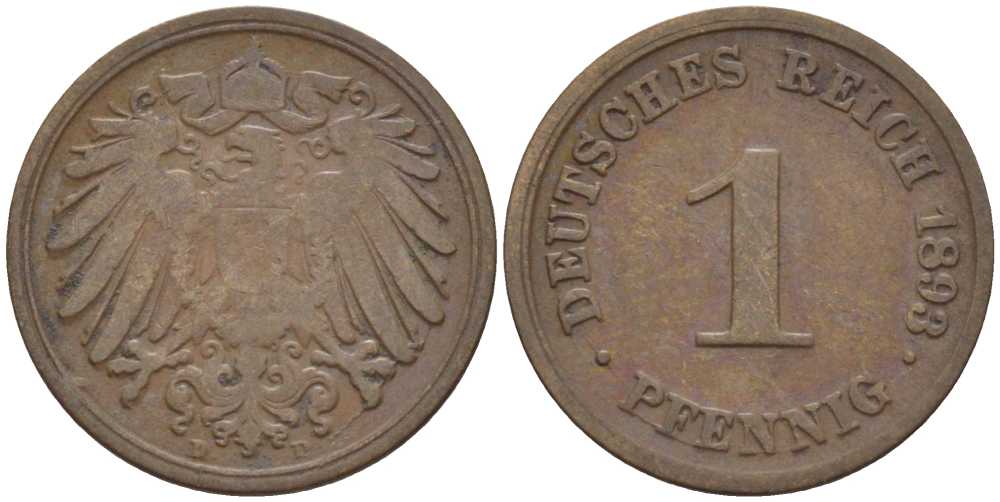 ГЕРМАНИЯ 1 ПФЕННИГ 1893 D KM 10, J. 10, Weege 2 медь 211-157