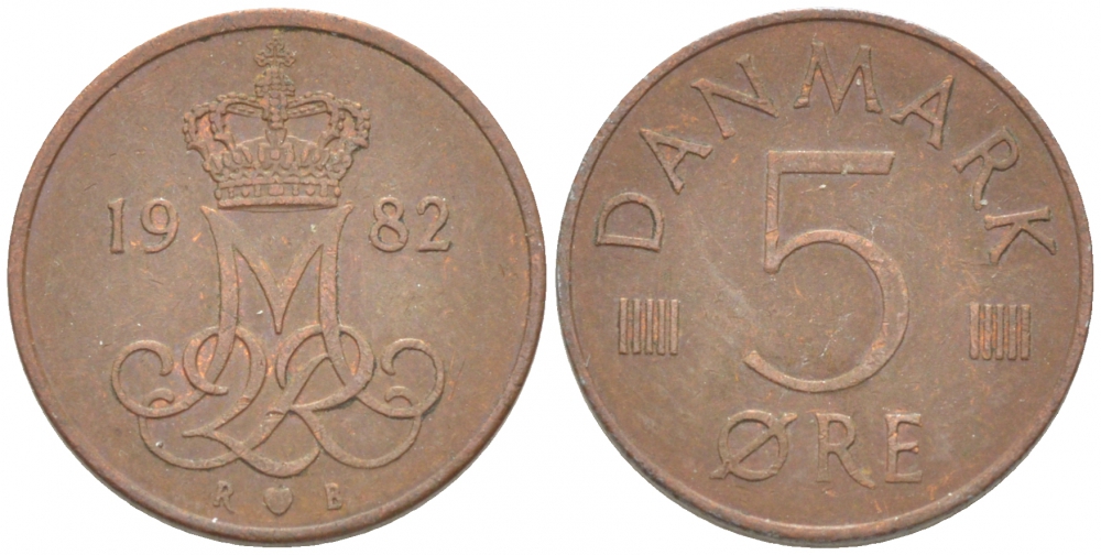 ДАНИЯ 5 ЭРЕ 1982 R; B, МАРГРЕТЕ II (1972-) KM 859.3 железо плакированное медью 3309-129