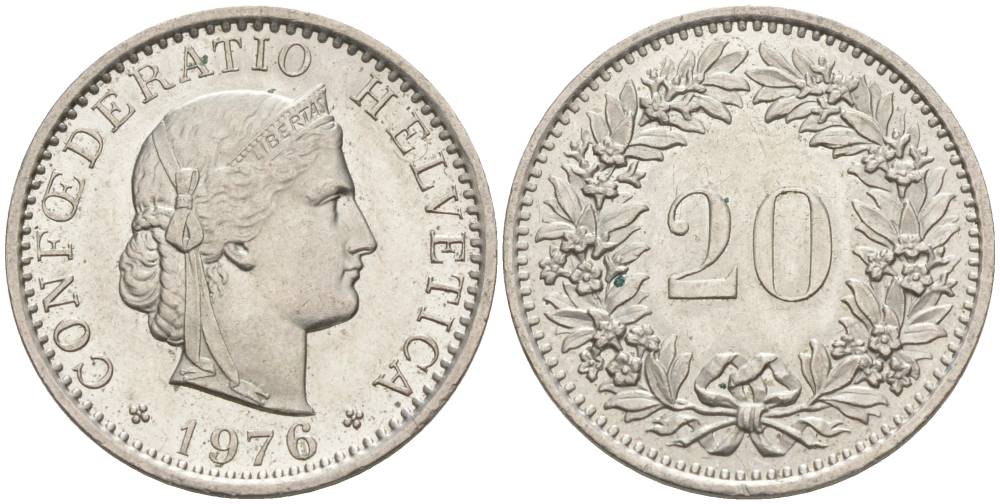 Швейцария 20 раппенов 1976 KM 29a медно-никель 55-953