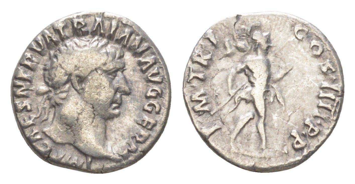 Римская Империя денарий 101-102 Траян, IMP CAES NERVA TRAIAN AVG GERM, бюст императора/P M TR P COS IIII P P, Марс, Рим RIC 52 серебро 1073-1-82
