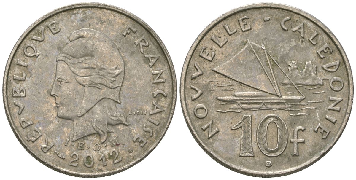 Французская Новая Каледония 10 франков 2012 рыбачья парусная лодка, (IEOM) KM 11a, Schoen 13a, Lec 99k медно-никель 65-332