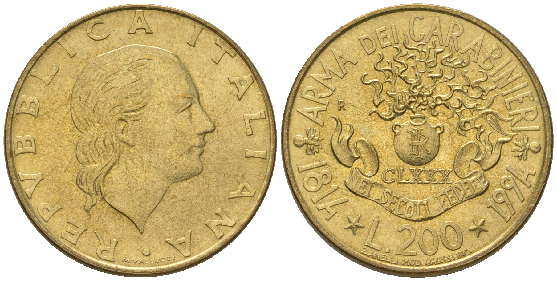 Италия 200 лир 1994 R, 180 лет карабинерам KM 164 алюминиевая бронза 4641-442