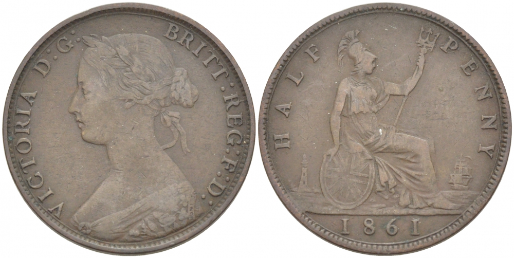 Великобритания 1/2 пенни 1861 Виктория (1837-1901) KM 748.2, Spink 3956 бронза 1515-2215