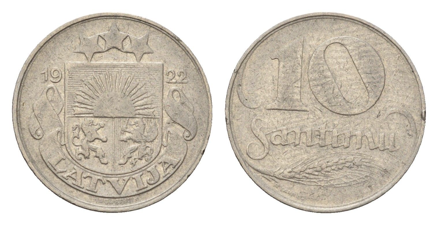 Латвия 10 сантимов 1922 год-тип KM 4 никель 4684-151