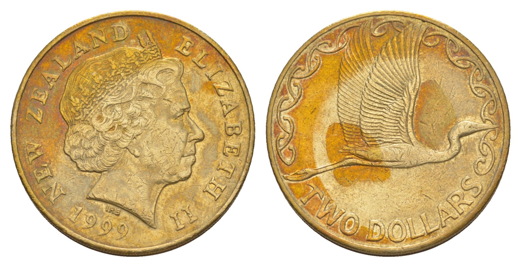 Новая Зеландия 2 доллара 1999 Елизавета II (1952-2022), большая белая цапля, редкий год KM 121 алюминиевая бронза 413-1012