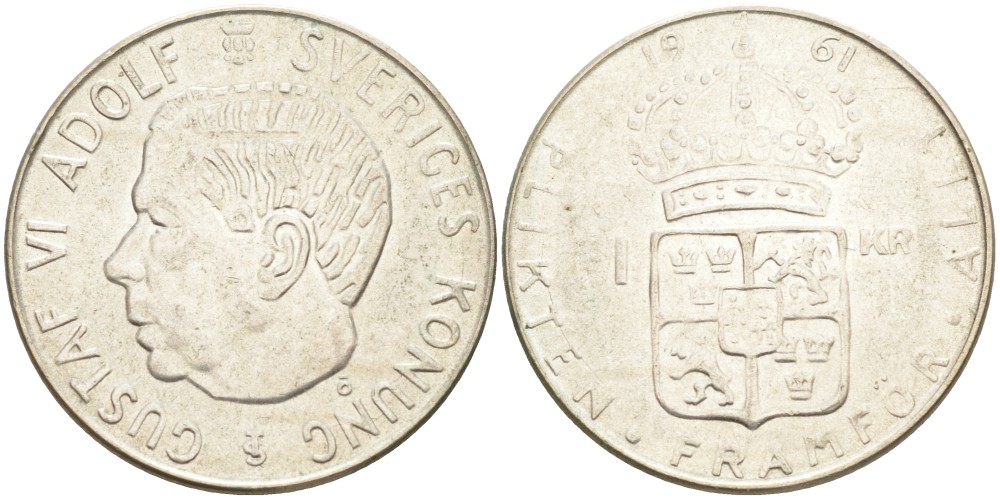 Швеция 1 крона 1961 U, Густав VI Адольф (1950-1973) KM 826 серебро 3851-1245