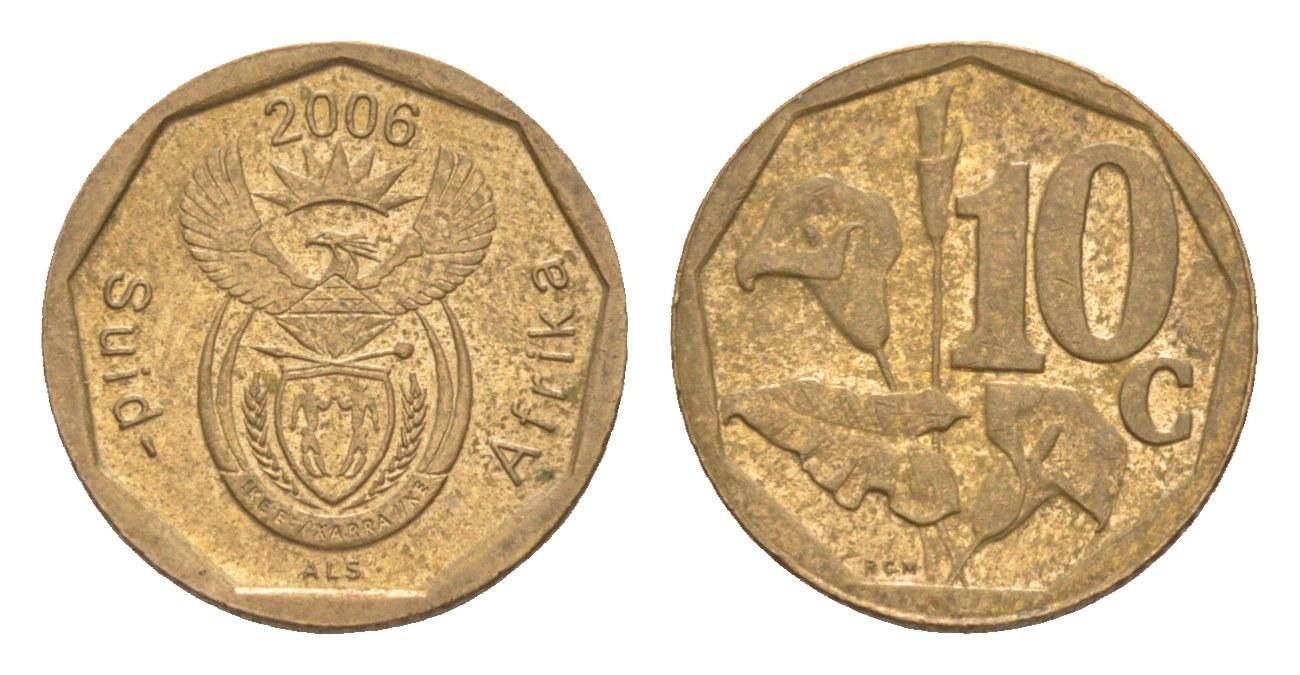 ЮАР 10 центов 2006 герб, цветок алоэ KM 487 сталь плакированная бронзой 4621-1063