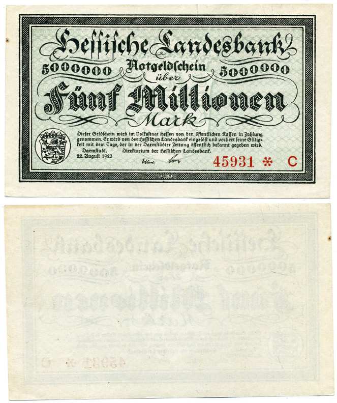 ДАРМШТАДТ, ГЕРМАНИЯ 5000000 МАРОК (5 МИЛЛИОНОВ МАРОК) 1923 22 АВГУСТА 1923, НОТГЕЛЬД, ЗЕМЛЯ ГЕССЕН, НОМЕР, СНЕЖИНКА, СЕРИЯ C, HESSESCHE LANDESBANK Keller 956a бумага аUNC 8613-26-1-1