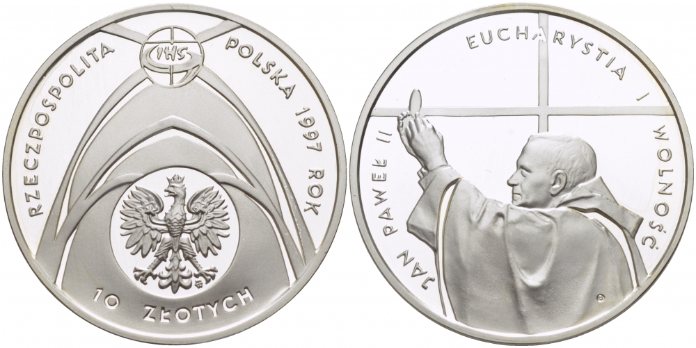 Польша 10 злотых 1997 MW, 46-ой Евхаристический конгресс KM 322 серебро PROOF 1084-7-41