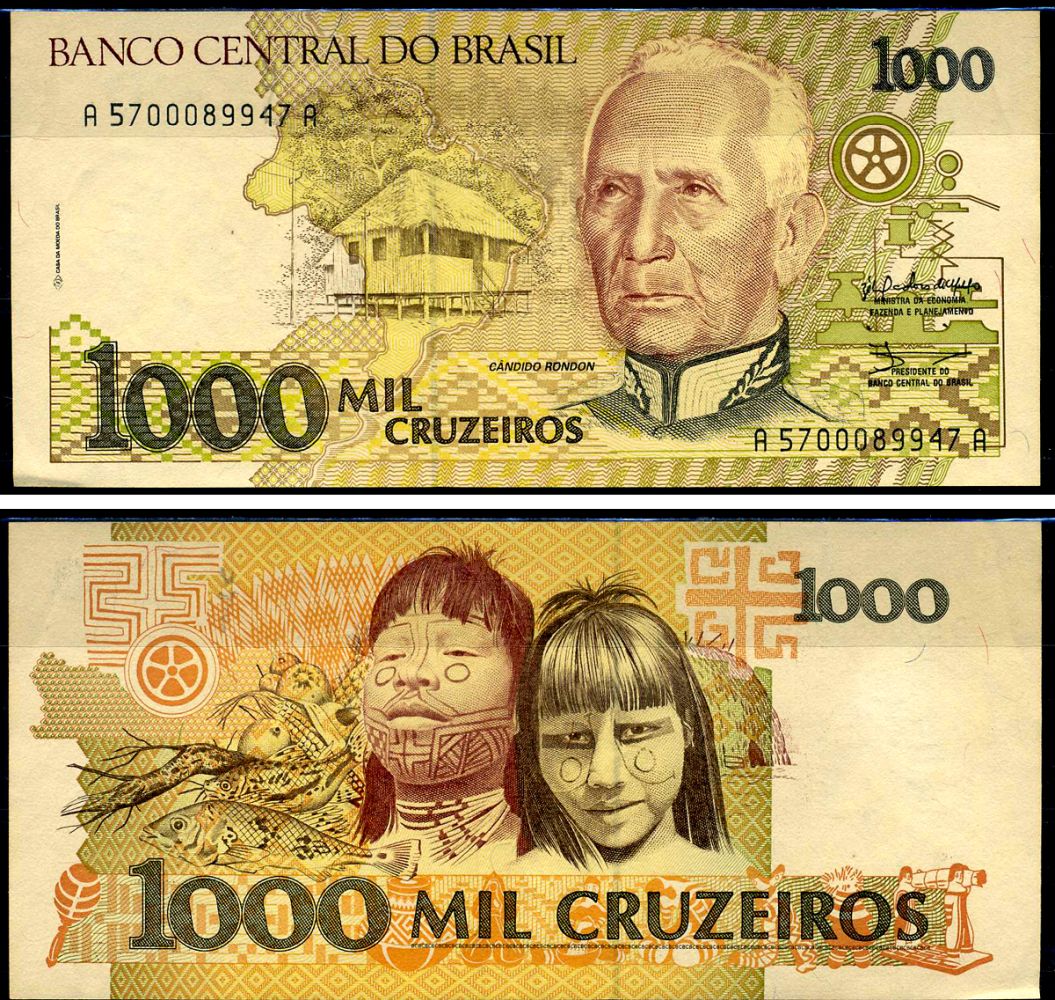 Бразилия 1000 крузейро ND (1990) серия A 5700, Кандиду Рондон Pick 231 a бумага 7148-20-1-1