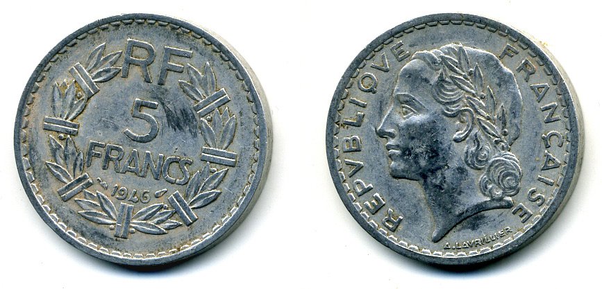 ФРАНЦИЯ 5 ФРАНКОВ 1946 KM 888b.1 алюминий 36-324