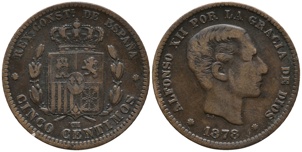 ИСПАНИЯ 5 СЕНТИМО 1878 АЛЬФОНСО XII KM 674 бронза 34-712