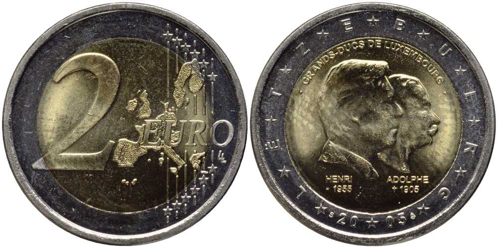 Люксембург 2 евро 2005 50-лет правящему монарху Анри Нассау, 100-летие со дня смерти герцога Люксембургского Адольфа KM 87 биметалл UNC 114-943
