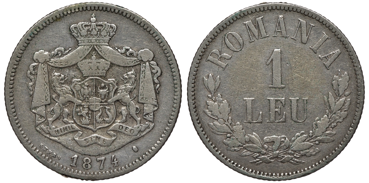 Румыния 1 лей 1874 b, Кароль I как принц (1866-1881) KM 10 серебро 441-621