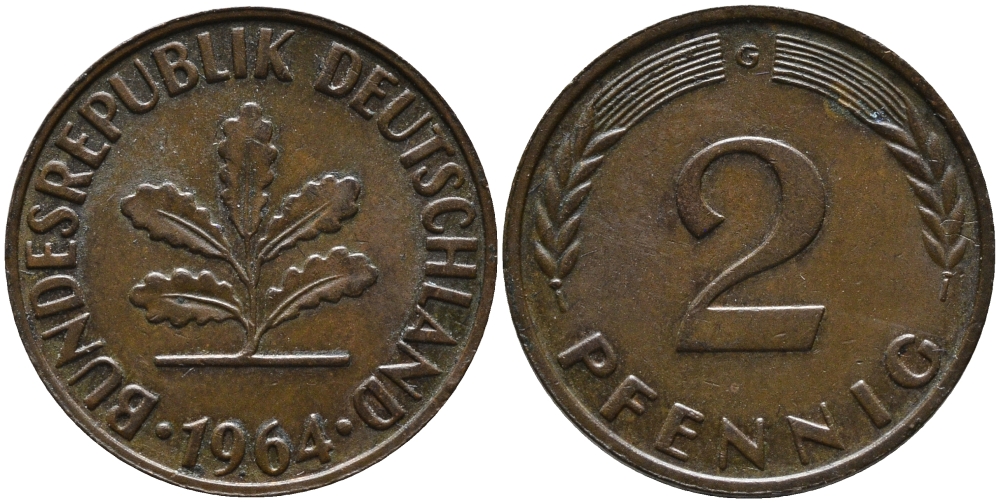 ФРГ 2 пфеннига 1964 G KM 106, J.381 бронза 99-135