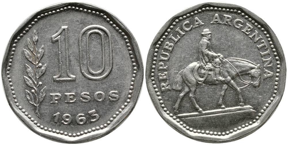 Аргентина 10 песо 1963 Гаучо KM 60 никелированная сталь 4525-942
