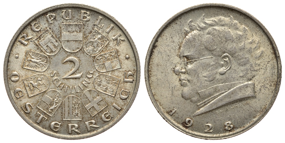 Австрия 2 шиллинга 1928 100 лет со дня смерти Франца Шуберта KM 2843 серебро 413-123