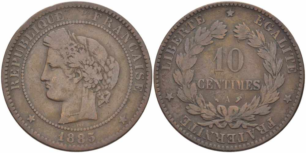 ФРАНЦИЯ 10 САНТИМОВ 1885 A, ТРЕТЬЯ РЕСПУБЛИКА (1871-1940) KM 815.1, LA FRANC 135.29 бронза 97-933